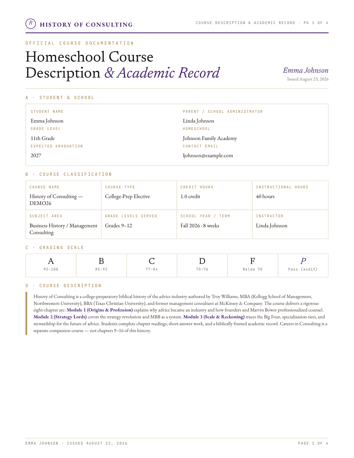 Sample Course Documentation PDF showing cover page with student info, grading scale, and course description